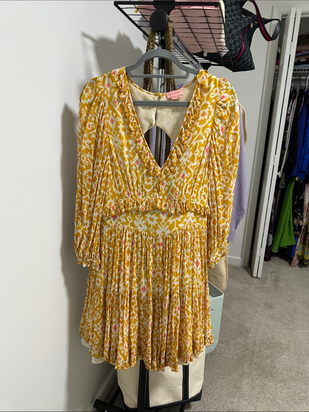Boho Yellow Printed V-Neck Long Sleeve Dress